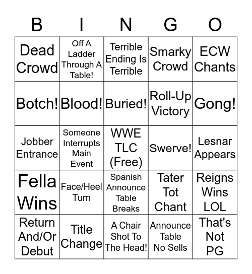 WWE TLC 2016 Bingo Card
