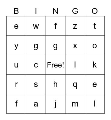 Lowercase Alphabet Bingo Card