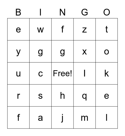 Lowercase Alphabet Bingo Card