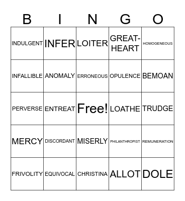 SAT/PILGRIM'S PROGRESS VOCABULARY WEEKS #13 Bingo Card