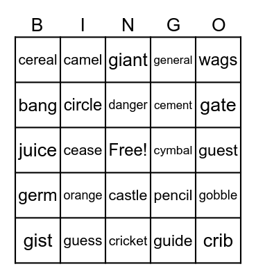 Hard and Soft C and G Bingo Card