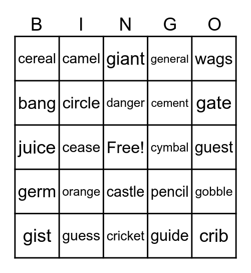 Hard and Soft C and G Bingo Card