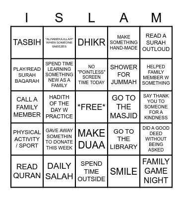 Ali Family Bingo Card