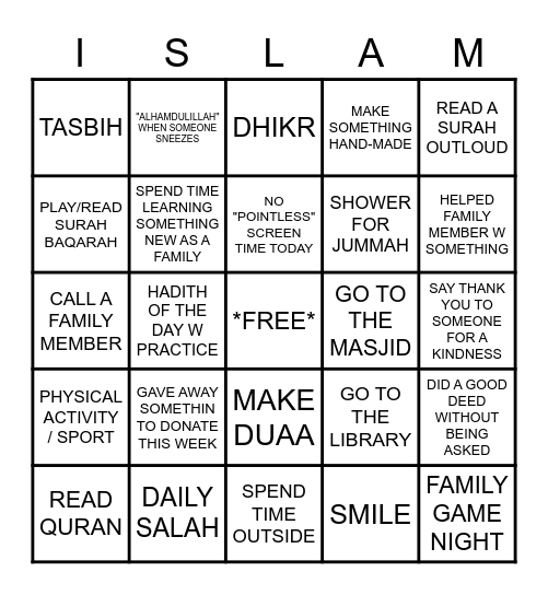 Ali Family Bingo Card