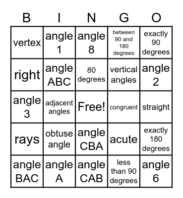 Angles and Angle Pairs Bingo Card