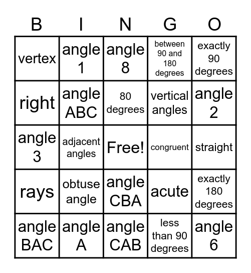 Angles and Angle Pairs Bingo Card