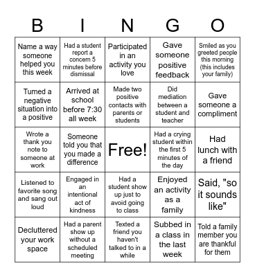 School Counselor Bingo Card
