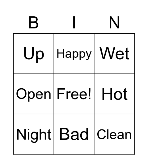 Opposites Bingo Card
