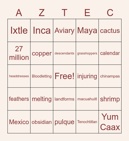 Aztec Bingo Card