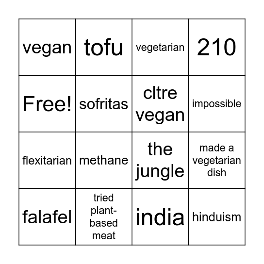 vegetarian bingo Card