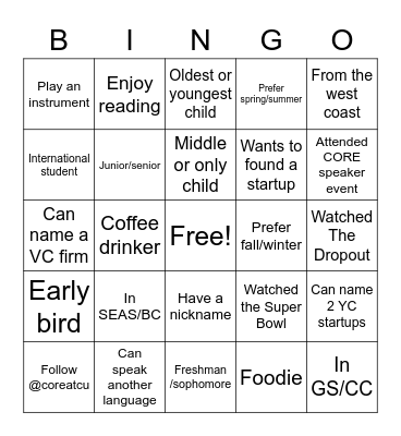 Welcome to CORE! Bingo Card
