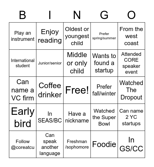 Welcome to CORE! Bingo Card