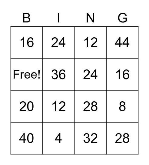 Multiples of 4 Bingo Card