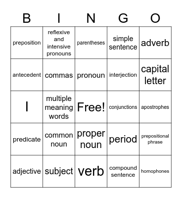 Grammar 1 Bingo Card