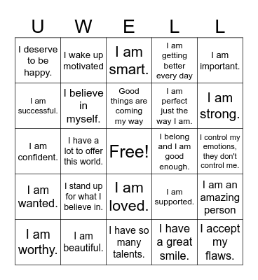 Positive Affirmations Bingo Card