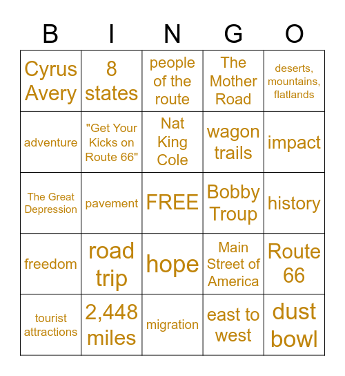 Route 66 Bingo Card