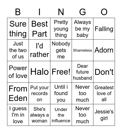 Valentine's Bingo (100 Love Songs) Bingo Card
