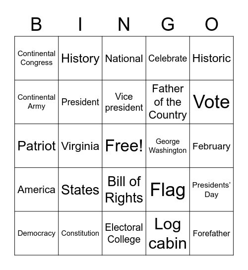President's Day Bingo Card