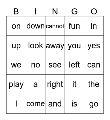 Pre School Bingo Card