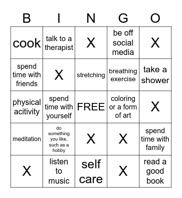 Mental Health Bingo Card