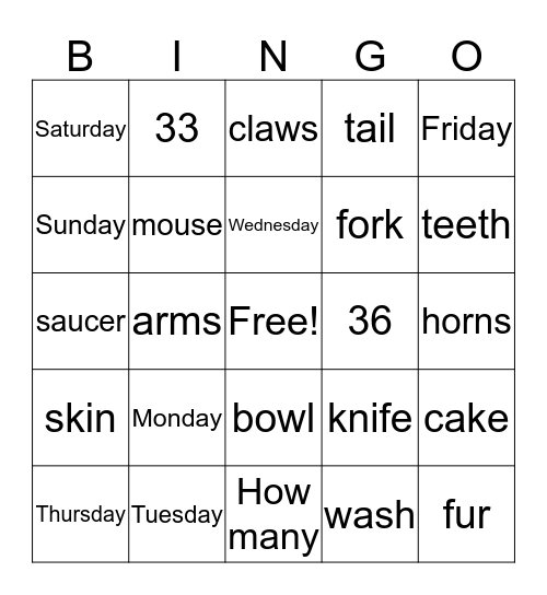 Unit 1/Unit 2 Bingo Card