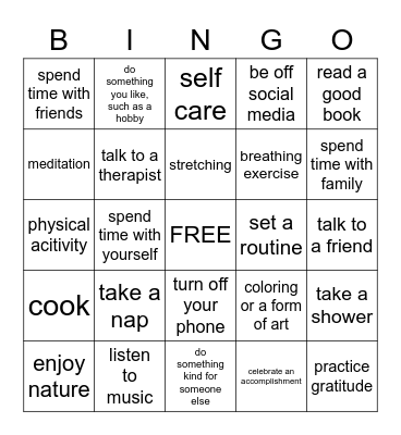 Mental Health Bingo Card