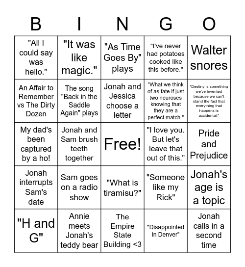 Sleepless in Seattle <3 Bingo Card