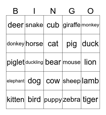 ANIMALS Bingo Card