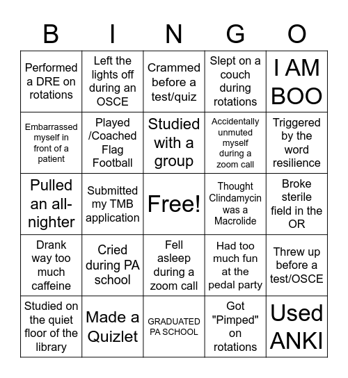 PA School Bingo Card