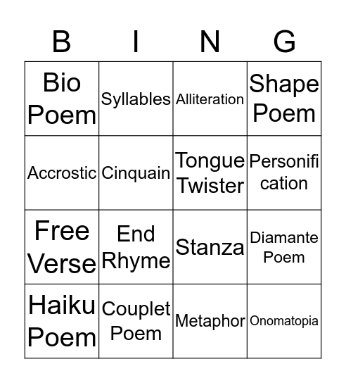 Poetry Bingo Card