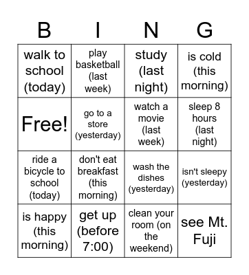 Past tense Bingo Card