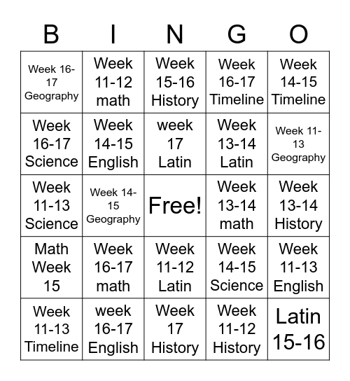 Week 17 Bingo Card