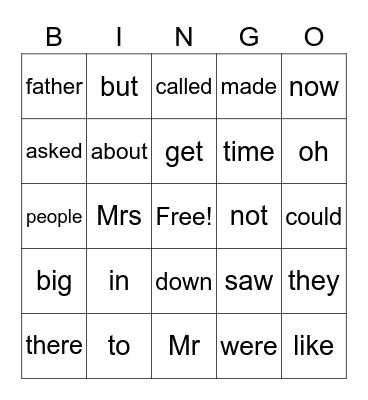 High Frequency Word Bingo Card