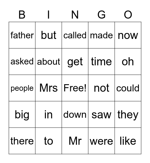 High Frequency Word Bingo Card