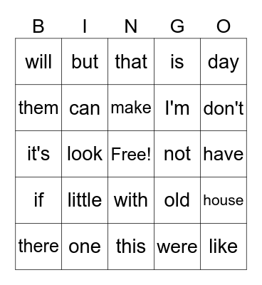 High Frequency Word Bingo Card