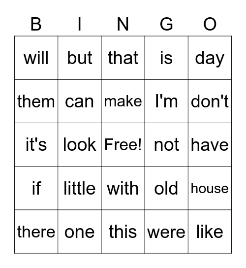 High Frequency Word Bingo Card