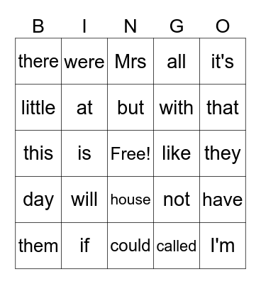 High Frequency Words Bingo Card