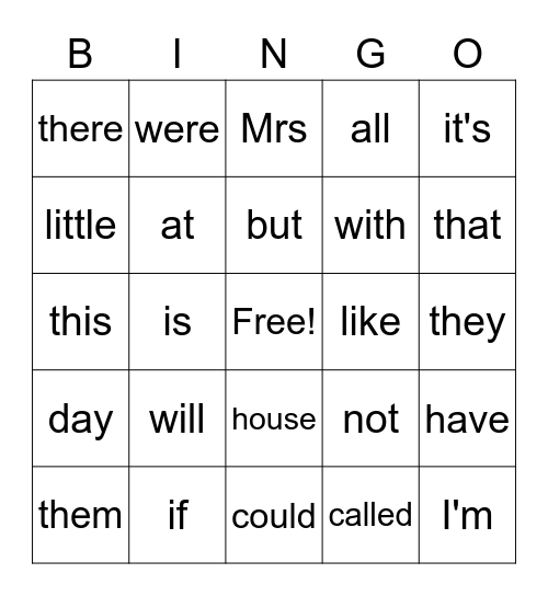 High Frequency Words Bingo Card