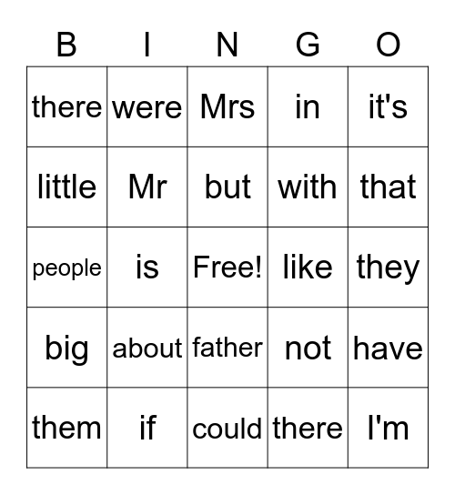 High Frequency Words Bingo Card