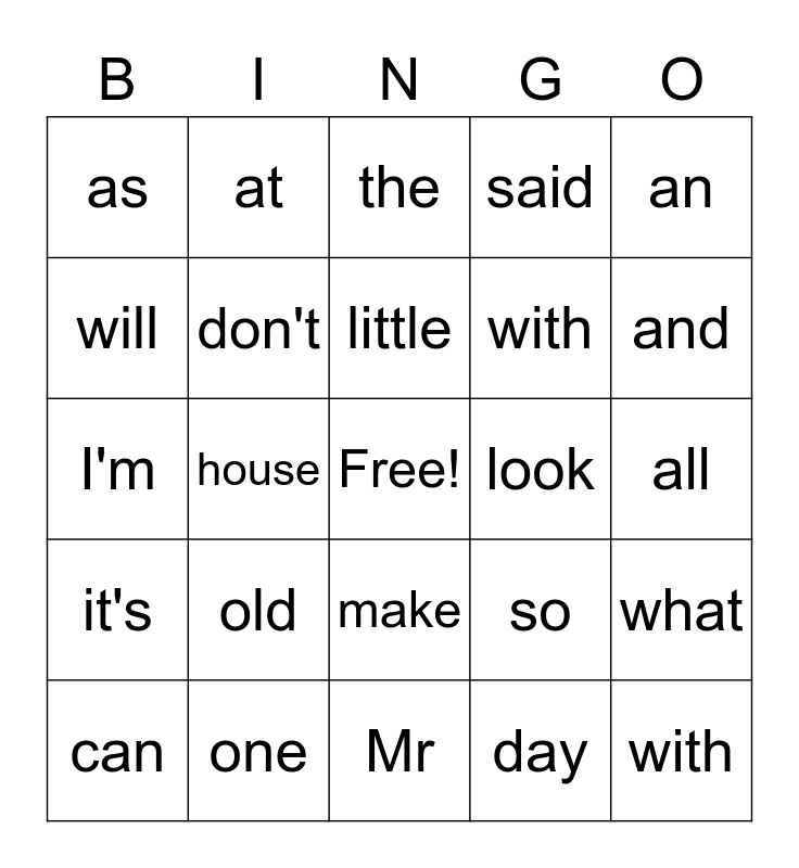 High Frequency Words Bingo Card