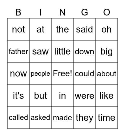 High Frequency Words Bingo Card