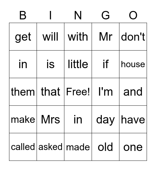 High Frequency Words Bingo Card