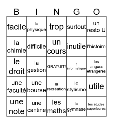 Le Vocabulaire 2A: Les Cours Bingo Card