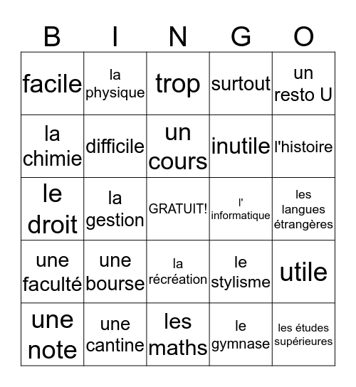 Le Vocabulaire 2A: Les Cours Bingo Card