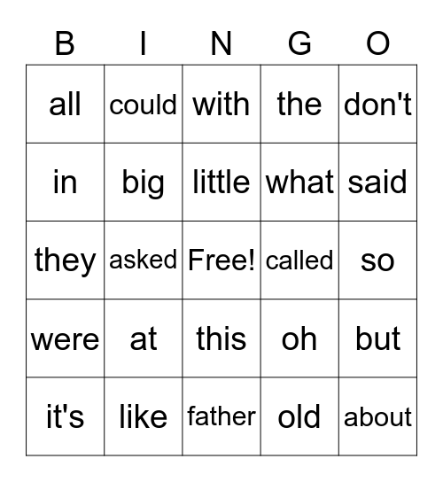 High Frequency Words Bingo Card