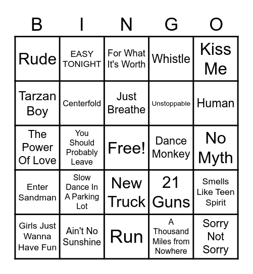 Jen's Playlist Bingo Card