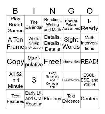 Family Literacy Night BINGO Card