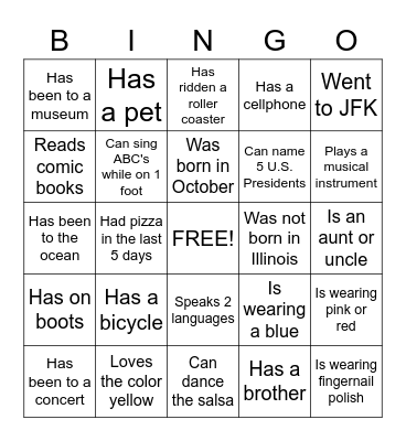 Friendship Bingo Card