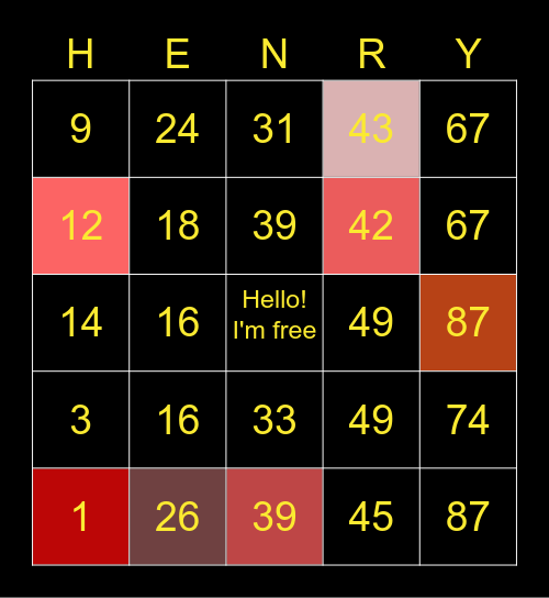 Numbers Bingo Card
