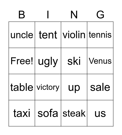 Ss / Tt / Uu / Vv Bingo Card